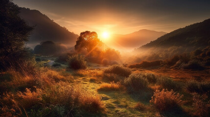 Generate a description of a sunrise over a beautiful natural landscape in 300 words. Leave only nouns and adjectives. Separate the words with commas. Generative AI