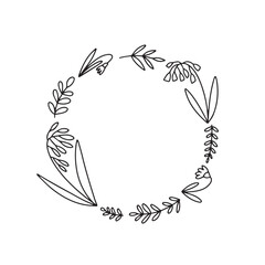 Vector wreath with doodle flowers. Hand drawn wreath with many summer flowers isolated