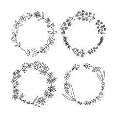 Vector set of wreathes with many summer flowers. Different wreathes with wild doodle flowers set