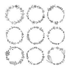 Vector set of wreathes with many summer flowers. Different wreathes with wild doodle flowers set