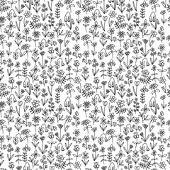 Doodle summer flowers seamless pattern. Vector mille fleur pattern on white background.