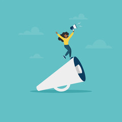 Woman leader businesswoman stands on a megaphone concept of speaking to the public. Leadership communication, ability to communicate with the team and deliver messages. Vector flat style illustration.