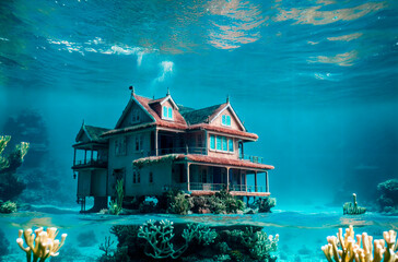 Sunken house under water. Abandoned building at bottom of ocean, sea. Generative AI.