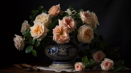 Obraz na płótnie Canvas Elegant bouquet of roses in a vintage vase Generative AI