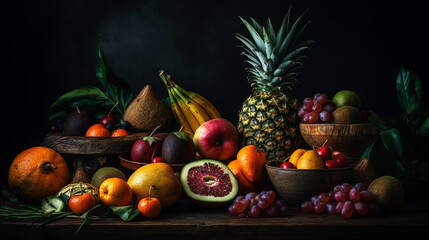 Exotic still life with a variety of tropical fruits on a dark background Generative AI