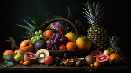 Exotic still life with a variety of tropical fruits on a dark background Generative AI