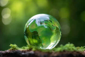 Obraz na płótnie Canvas Glass Globe with Planet Earth inside in Nature. Renewable Energy and Environmental Protection. Generative AI.