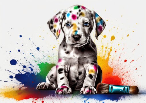 Playful Puppy Amidst Vibrant Paintbrush Confetti (AI Generated)