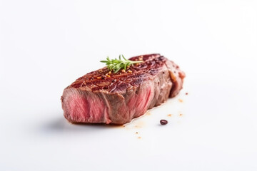 Yummy beef grill steak in a light white background with fire and smoke, food photograph, food styling