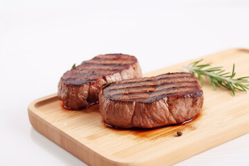 Yummy beef grill steak in a light white background with fire and smoke, food photograph, food styling