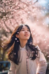 Asian model in a blossoming garden in pink. Generative AI