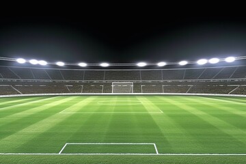Fototapeta na wymiar Empty football field with flashlights and dark night sky background. Generative AI