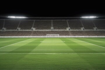 Fototapeta premium Empty football field with flashlights and dark night sky background. Generative AI
