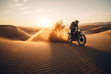 Fototapeta na wymiar Motorcycle rider at sunrise on a sand dune. Generative AI