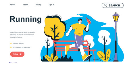 Running concept for landing page template. Man running in park, marathon training. Outdoor cardio workout, sport activity people scene. Vector illustration with flat character design for web banner - obrazy, fototapety, plakaty