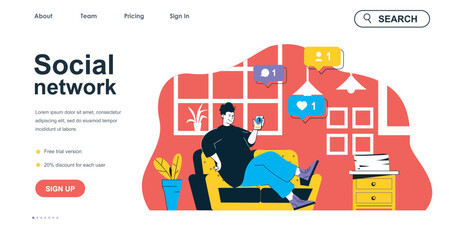 Social network concept for landing page template. Man making posts, likes and comments at smartphone. Online communication people scene. Vector illustration with flat character design for web banner