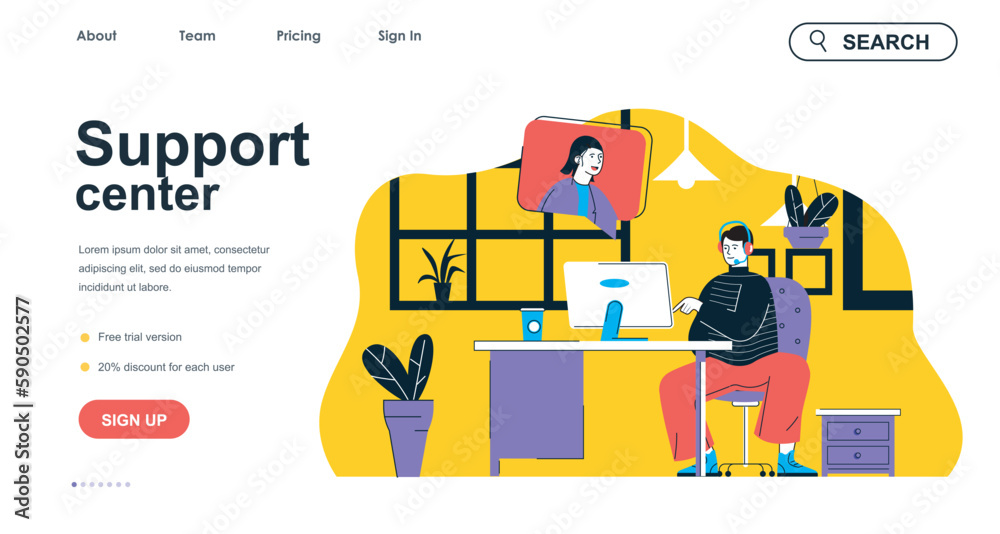 Aufkleber Support center concept for landing page template. Man communicates client in online chat. Call center and hotline consulting people scene. Vector illustration with flat character design for web banner
