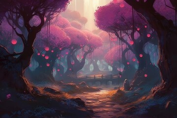 Fototapeta na wymiar Mystical Grove: A mesmerizing digital painting of a magical fantasy forest, filled with large trees, enchanted flowers, and glowing lanterns in the evening mist 11