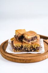 martabak manis, martabak terang bulan is large pancake  filled chocolate and peanut, Indonesian snack.
