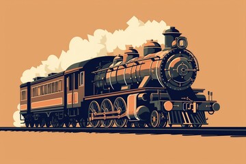 Flat illustration of a steam locomotive, representing the First Industrial Revolution, transporting passengers and goods. generative ai