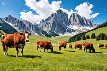 Fototapeta premium Cow grazing in an alpine meadow, Generative AI