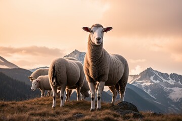 Fototapeta premium Sheep grazing in alpine meadows and units with mountain nature. Generative AI.