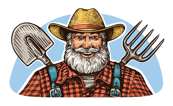 Happy elderly bearded farmer in hat with pitchfork and shovel. Farm worker, cartoon emblem vector illustration