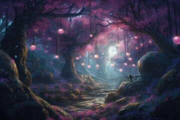 Fototapeta na wymiar Forest of Enchantment: A captivating concept art of a magical forest, featuring majestic trees, enchanted flowers, hanging lanterns, and mystical atmosphere, rendered in digital painting 3