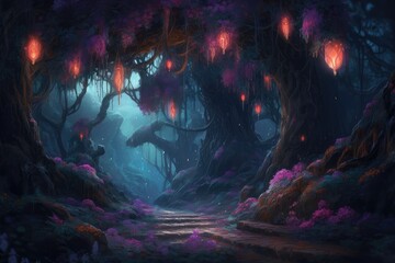 Fototapeta na wymiar Forest of Enchantment: A captivating concept art of a magical forest, featuring majestic trees, enchanted flowers, hanging lanterns, and mystical atmosphere, rendered in digital painting 7