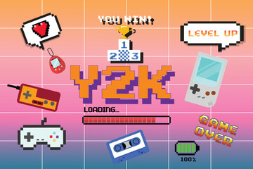 Y2K trendy set of objects, retro game,digital pet,pager , 1990s 2000s style, pixel heart, wow text, vector illustration	