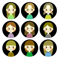 ポップで可愛い女の子の円形アイコン セット