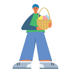 Happy Easter concept. Young man holding wicker basket with colorful eggs for Easter holiday celebration. Flat vector illustration isolated on white background.