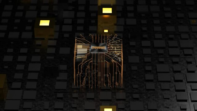 Futuristic 3D animation of an array of cubes and tiles with a central cube. The tile with the text POWER descends on the main processor and golden rays, threads of communication radiate from it.