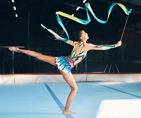 Ribbon, gymnastics and flexible woman stretching in performance, dancer training and sports competition. Female athlete, rhythmic movement and balance for creative skill, talent and concert in arena