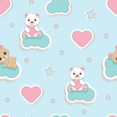 Cute cartoon teddy bears on clouds seamless pattern. Vector baby background.