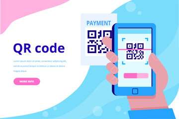Capture qr code on mobile phone. Hand holding phone with Qr code. Flat vector illustration