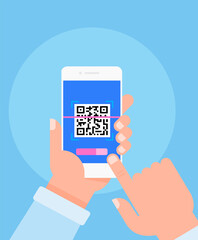 Capture qr code on mobile phone. Hand holding phone with Qr code. Flat vector illustration