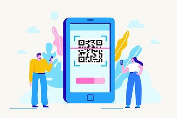 Capture qr code on mobile phone. Hand holding phone with Qr code. Flat vector illustration