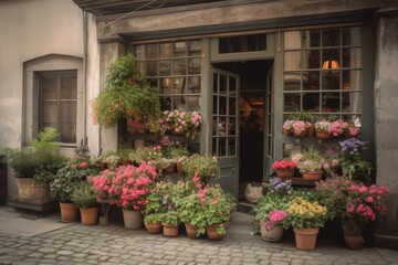 Fototapeta na wymiar Small Flower Shop on Old European Streets for a Quaint and Charming Experience, ai generated