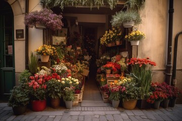 Fototapeta na wymiar Small Flower Shop on Old European Streets for a Quaint and Charming Experience, ai generated