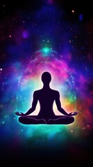 Meditating human silhouette in yoga pose. Galaxy universe background. Colorful chakras and aura glow. Meditation on outer space background with glowing chakras. Esoteric.