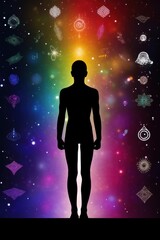 Fototapeta na wymiar Meditating human silhouette in yoga pose. Galaxy universe background. Colorful chakras and aura glow. Meditation on outer space background with glowing chakras. Esoteric.