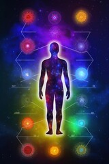 Fototapeta na wymiar Meditating human silhouette in yoga pose. Galaxy universe background. Colorful chakras and aura glow. Meditation on outer space background with glowing chakras. Esoteric.