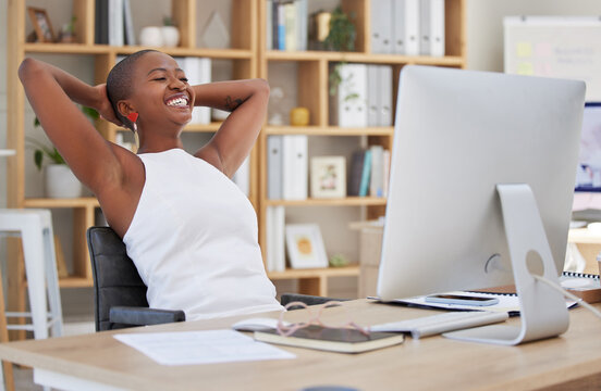 Success, relax or happy black woman in taking break from copywriting online for mental health in office. Calm freedom, mindset or wellness of journalist in workplace with smile stretching or resting