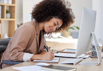 Notebook, ideas or business woman writing report in a diary or journal for time management schedule. Agenda, strategy documents or happy girl journalist planning a reminder for an office appointment