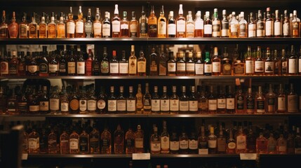  Liquor Store Display with Variety of Hard Liquor Brands AI generated - obrazy, fototapety, plakaty