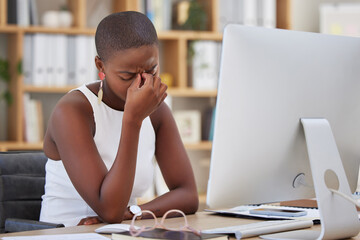 Headache, migraine and sad woman on computer stress, depression or mental health risk in office for...