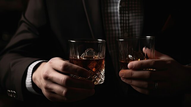 Closeup of Businessmen Holding Glasses of Whiskey AI generated