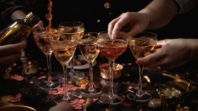 Friends Clinking Glasses with Alcoholic Cocktails and Golden Confetti AI generated