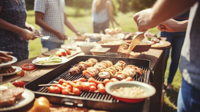 Outdoor Friends Party with Barbecue Grill Focus AI generated